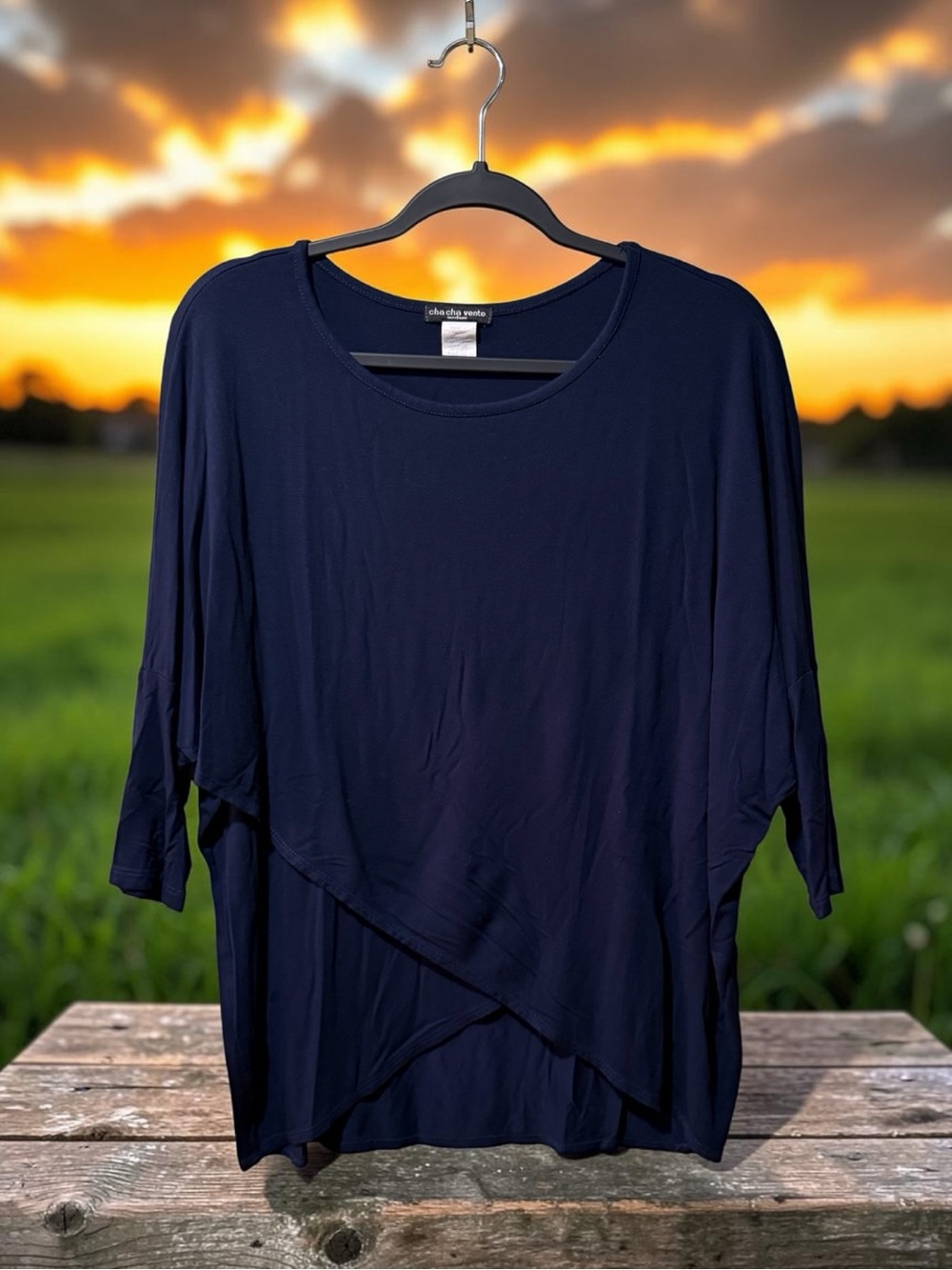 cha cha vente Navy Asymmetrical Layered Dolman Sleeve Rayon Tunic Top